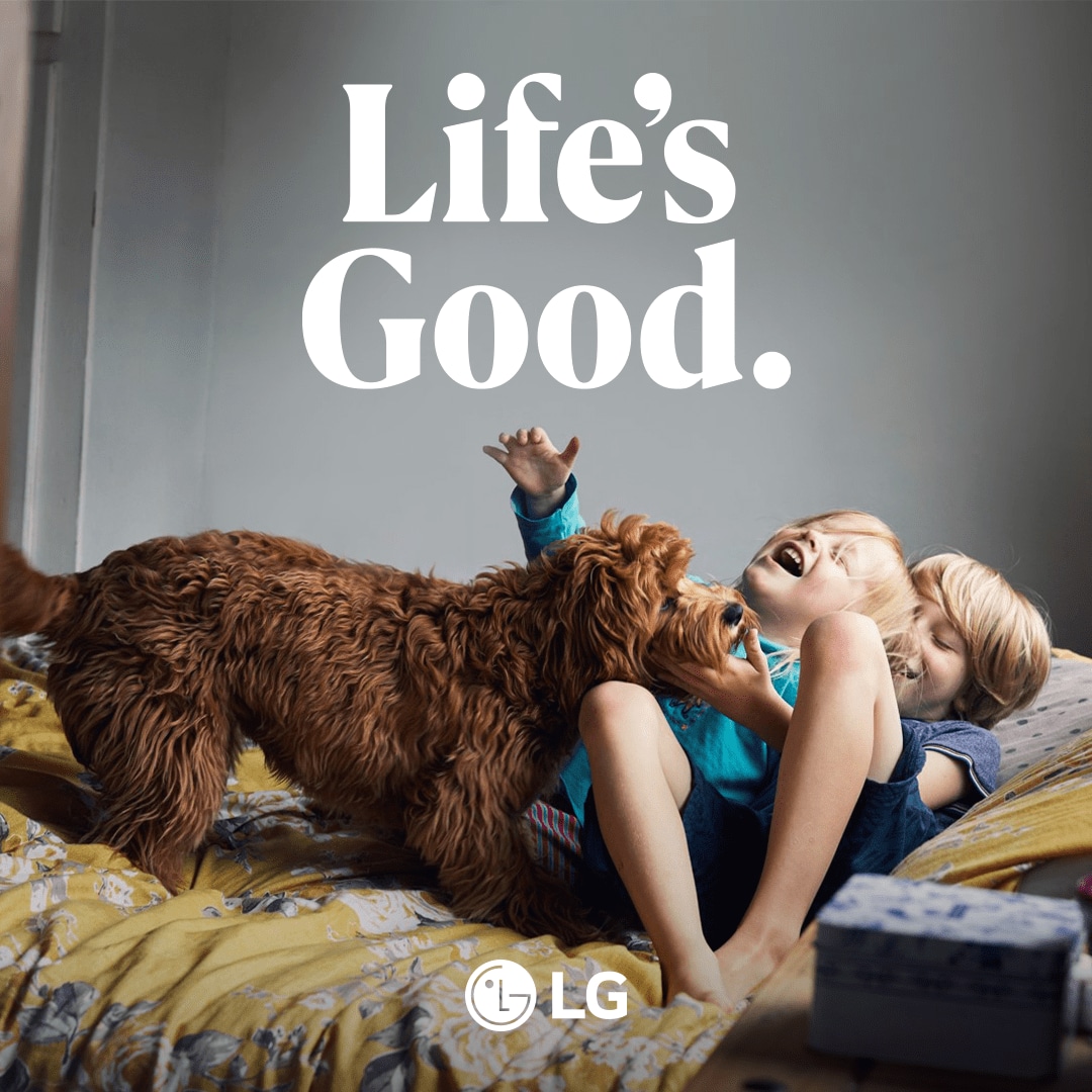 LG Life_s Good lifestyle image with two kids and a brown dog